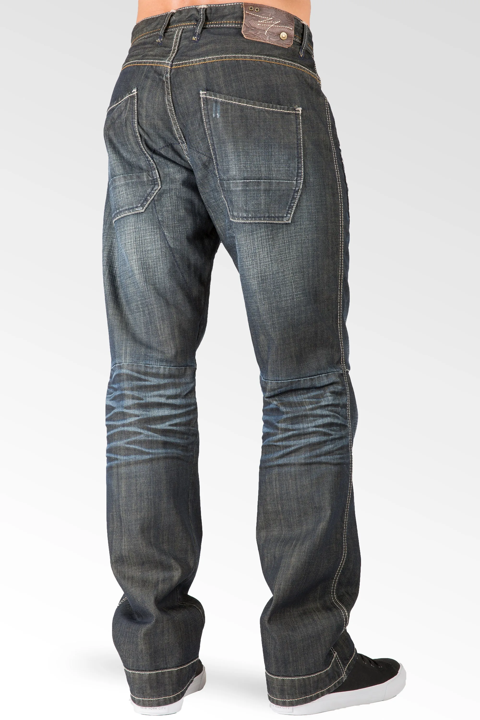 Relaxed Straight Dark Wrinkle Wash Ripped & Repaired Premium Denim Jeans