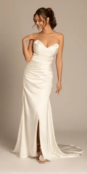 Satin Mock Wrap Pleated Column Dress with Chapel Train