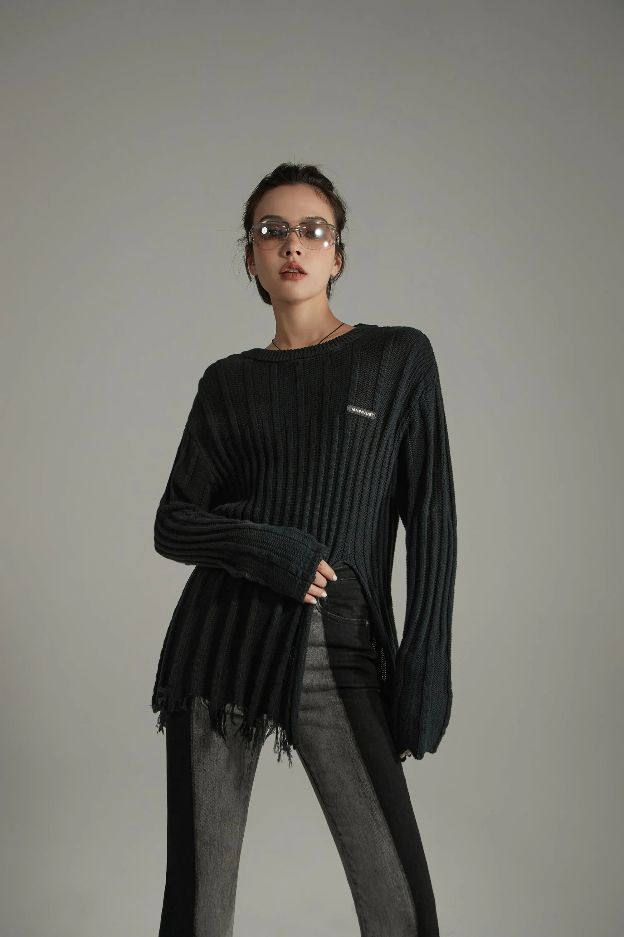 Side Front Slit Long Knit Sweater