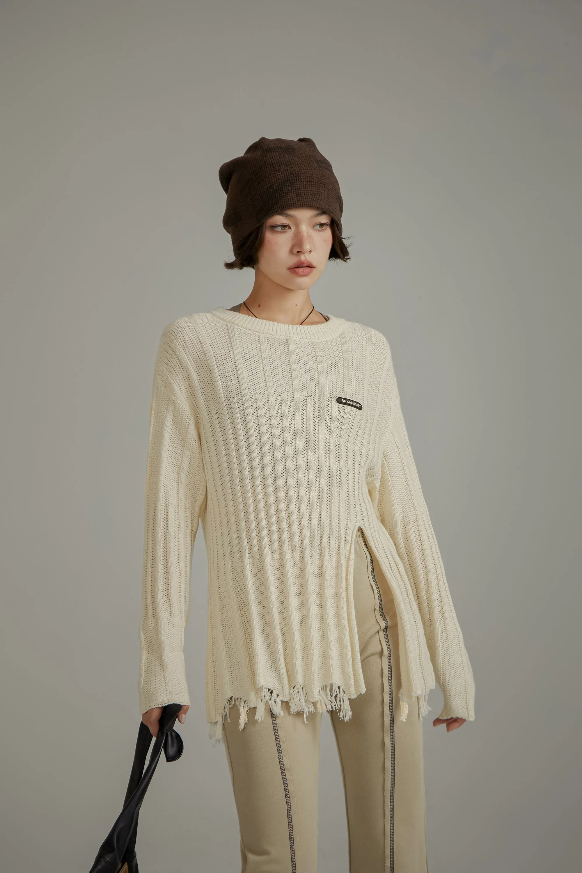 Side Front Slit Long Knit Sweater