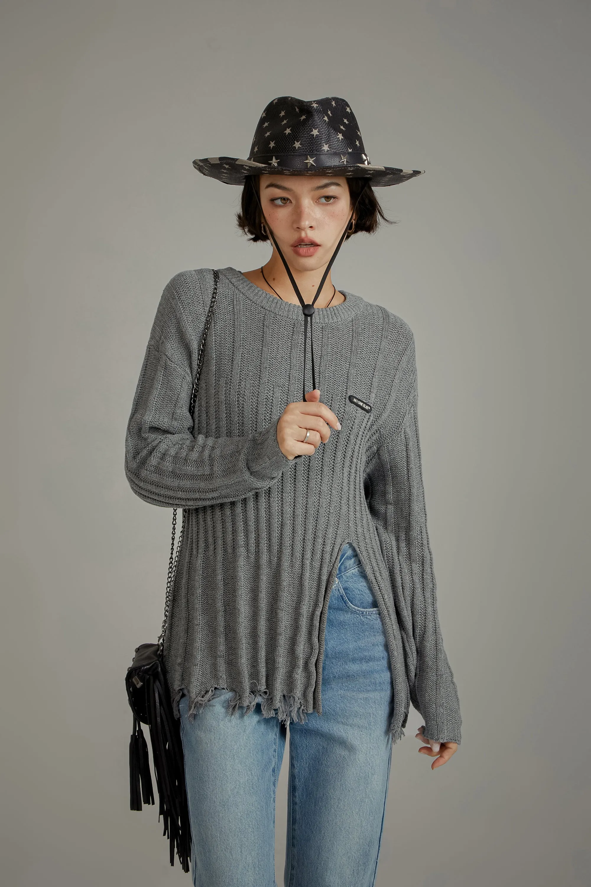 Side Front Slit Long Knit Sweater