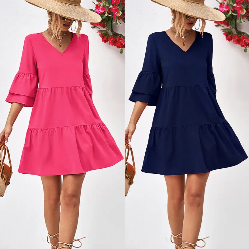 Simple Commuter Trumpet Sleeve V-Neck Dress Wholesale Dresses