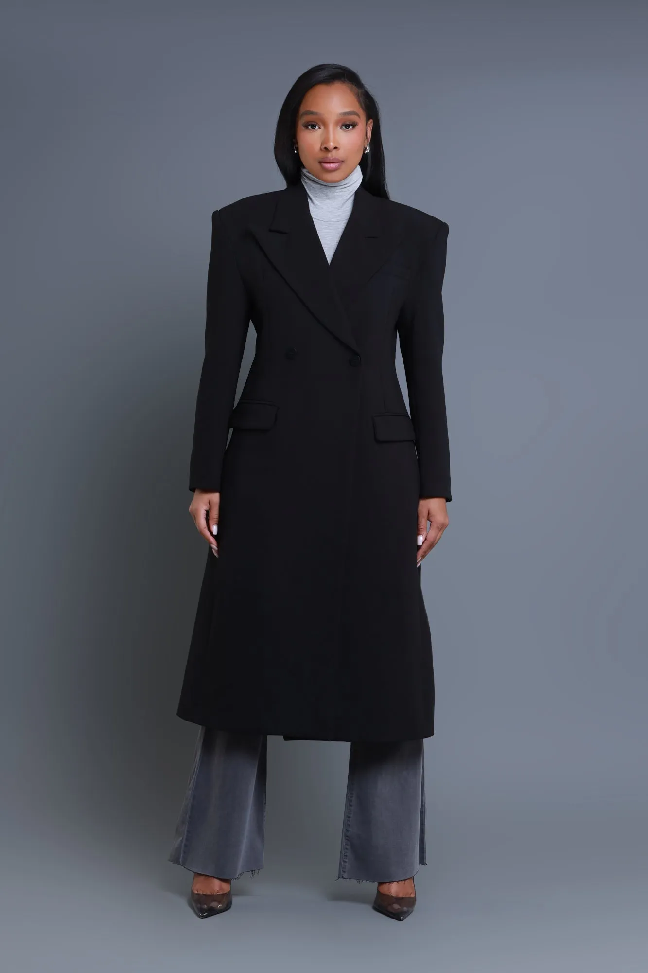 Take Notes Double Breasted Longline Coat - Black