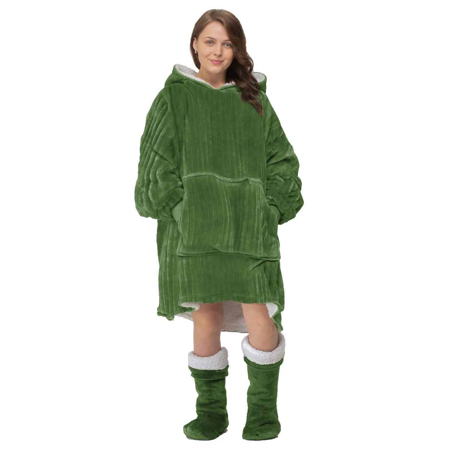 Thermal Warm Supersoft Sherpa Reverse Oversize Cord Cosy Robe - Green