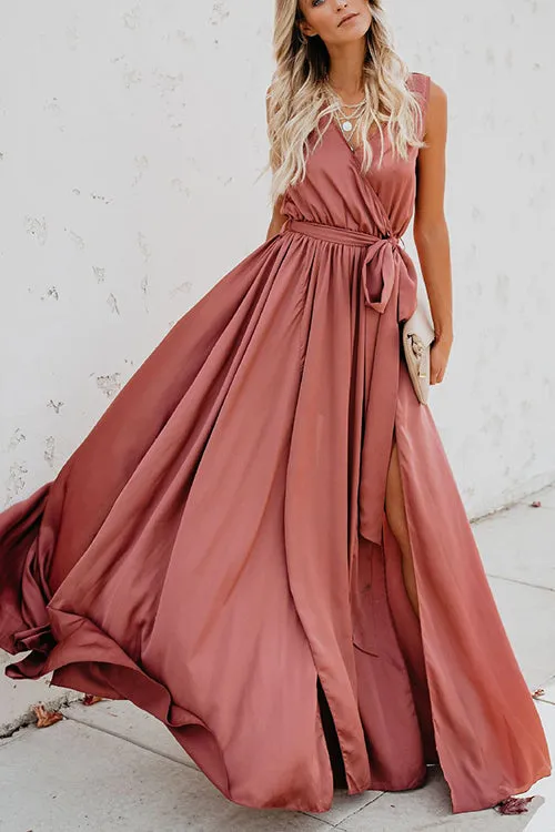 V Neck Sleeveless Slit Wrap Maxi Dress