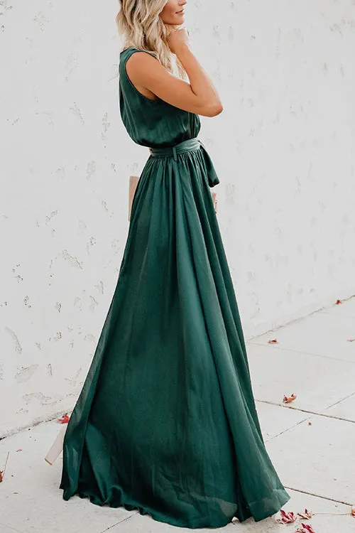 V Neck Sleeveless Slit Wrap Maxi Dress