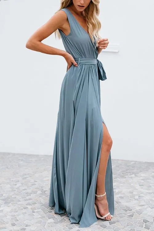 V Neck Sleeveless Slit Wrap Maxi Dress