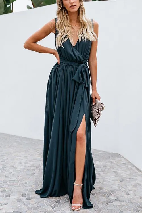 V Neck Sleeveless Slit Wrap Maxi Dress