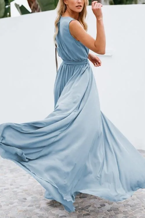 V Neck Sleeveless Slit Wrap Maxi Dress