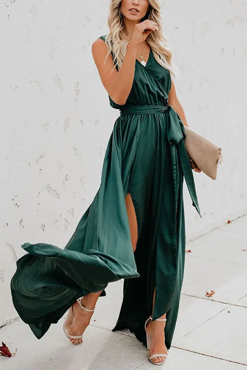 V Neck Sleeveless Slit Wrap Maxi Dress