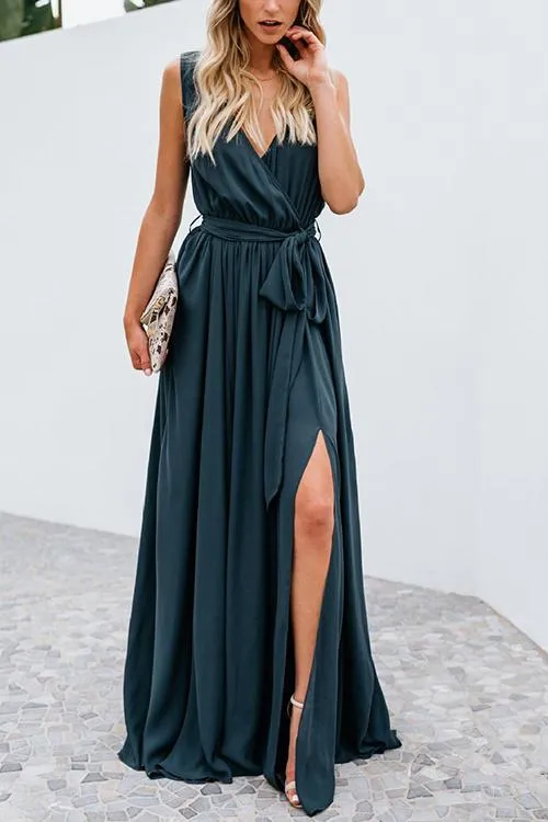 V Neck Sleeveless Slit Wrap Maxi Dress