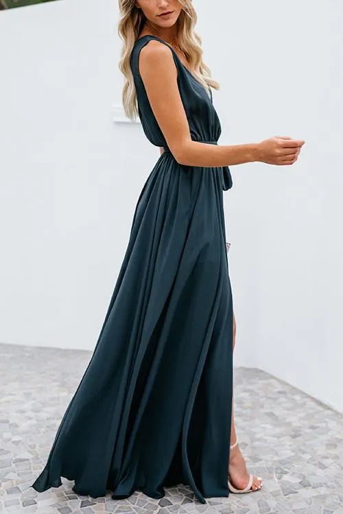 V Neck Sleeveless Slit Wrap Maxi Dress