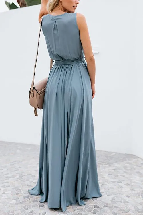 V Neck Sleeveless Slit Wrap Maxi Dress