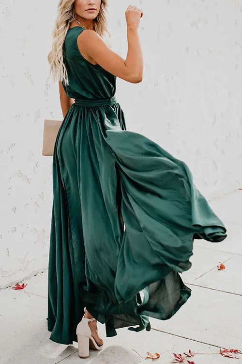 V Neck Sleeveless Slit Wrap Maxi Dress