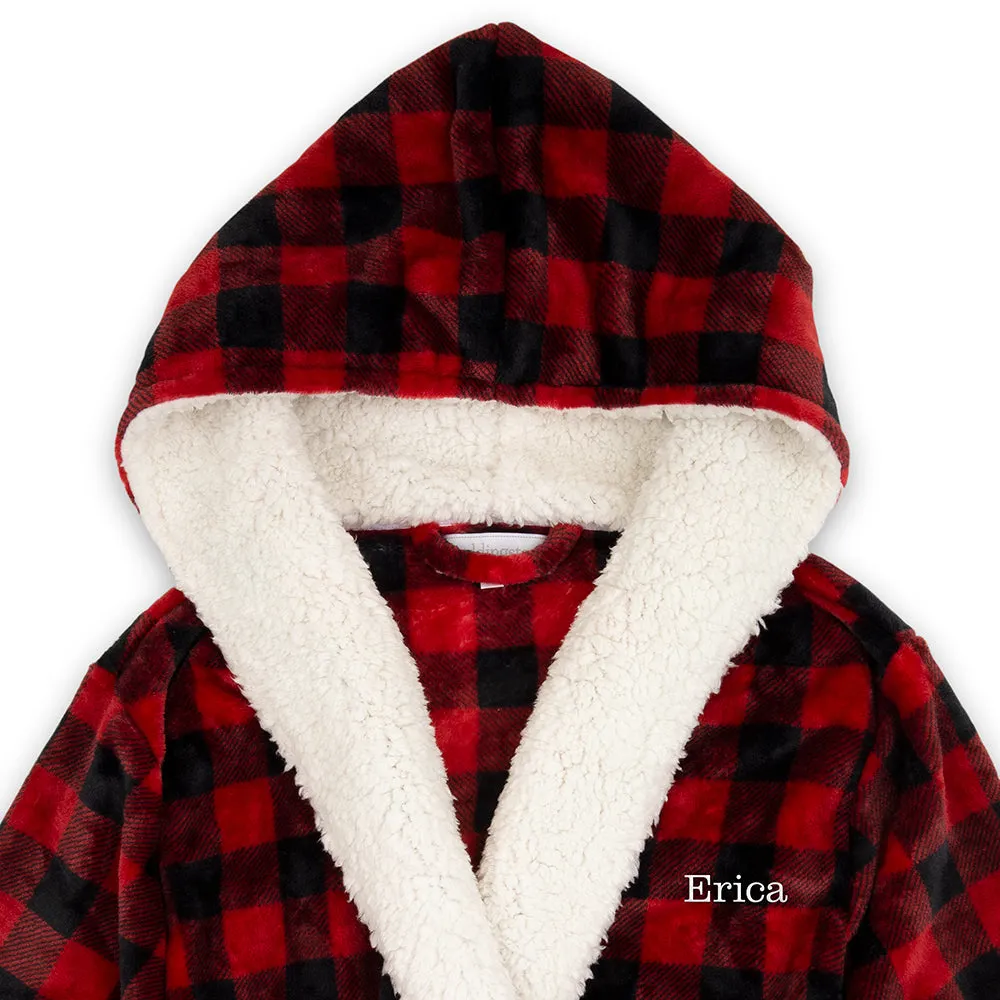 WOMEN'S PERSONALIZED EMBROIDERED FLUFFY PLUSH ROBE WITH HOOD - BUFFALO PLAID